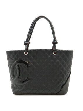 Chanel Cambon Line CC Logo Large Tote Shoulder Bag Soft Calf Leather Black White